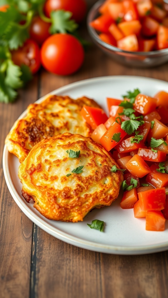 Amish Onion Fritters with Tomato Salsa Crispy Amish onion fritters with fresh tomato salsa on a rustic wooden table.